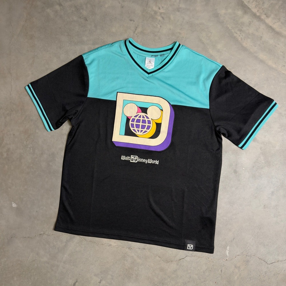 Disney Walt Disney World Jersey Shirt Mens Medium Black Teal Sportswear Retro